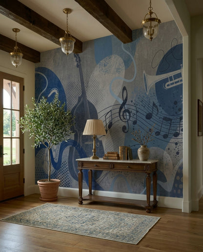 Jazz Instruments Wallpaper Blue Grunge Wall Mural