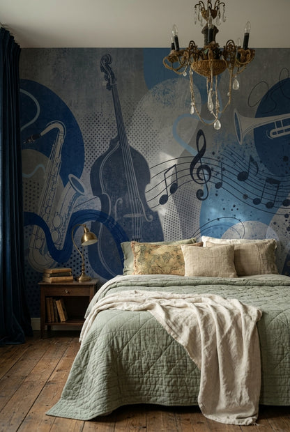 Jazz Instruments Wallpaper Blue Grunge Wall Mural