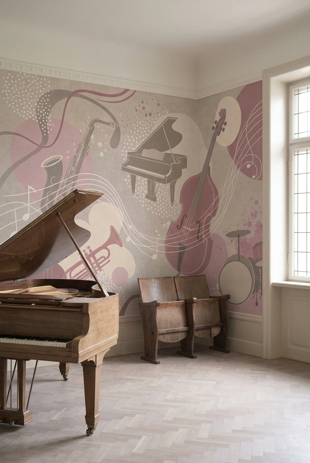 Jazz Instruments Wallpaper Dusty Pink Wall Mural