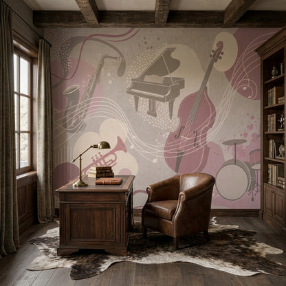 Jazz Instruments Wallpaper Dusty Pink Wall Mural