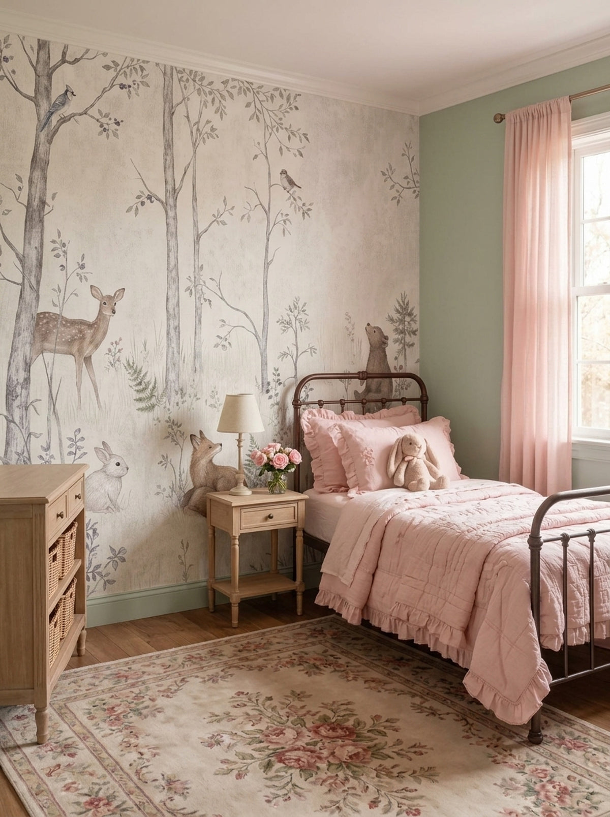 Woodland Animals Wallpaper Muted Green Forest Wall Mural
