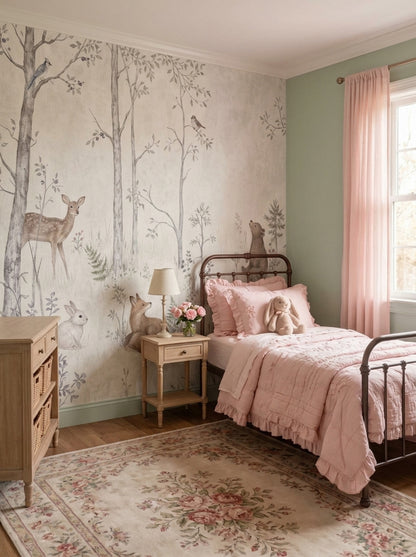 Woodland Animals Wallpaper Muted Green Forest Wall Mural
