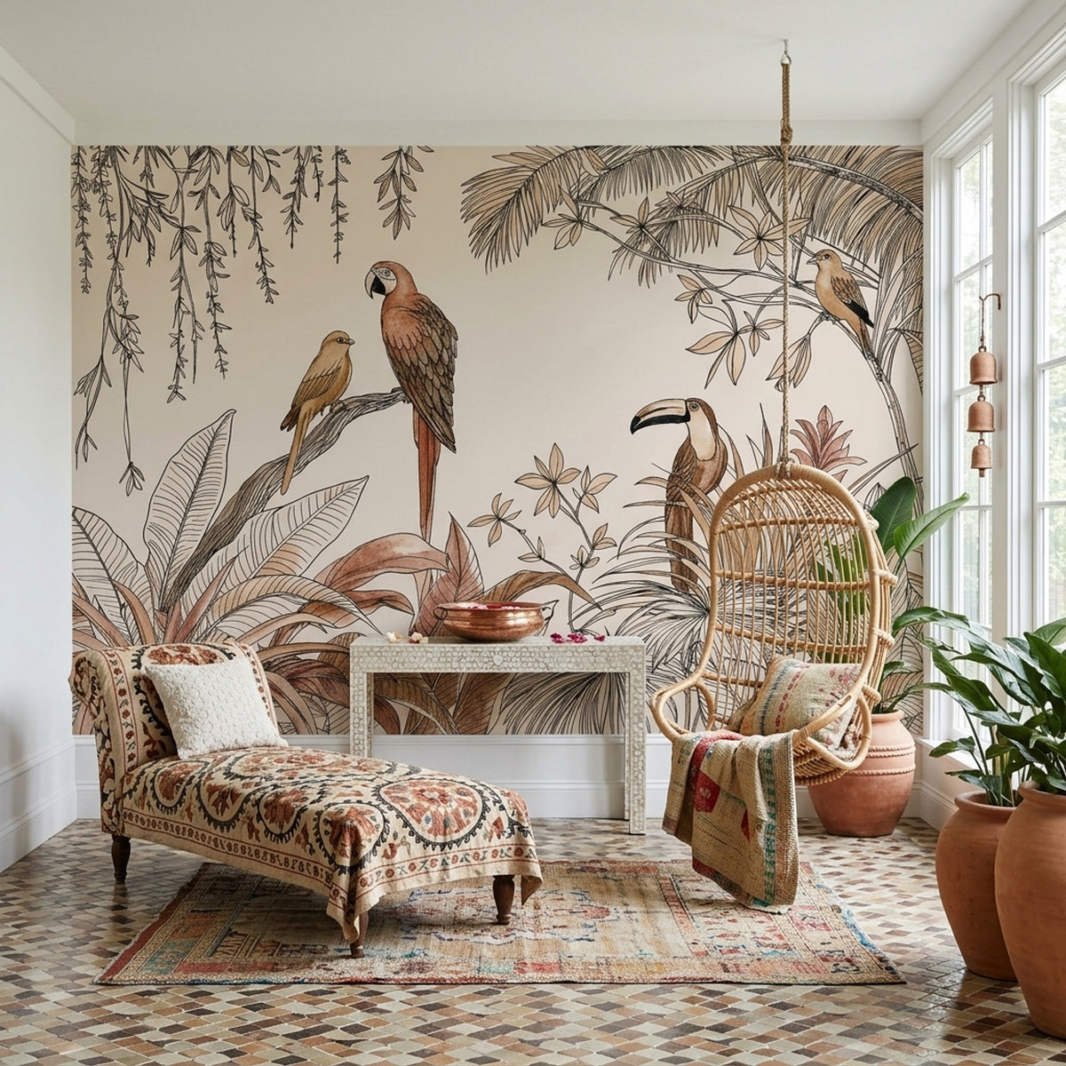 Tropical Birds Wallpaper Cream Botanical Wall Mural