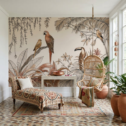Tropical Birds Wallpaper Cream Botanical Wall Mural