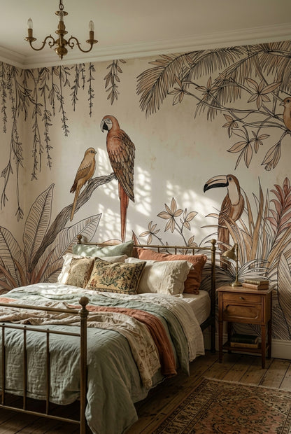 Tropical Birds Wallpaper Cream Botanical Wall Mural