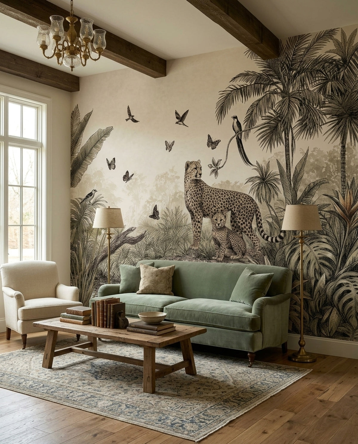 Cheetah And Cub Wallpaper Muted Green Jungle Wall Mural