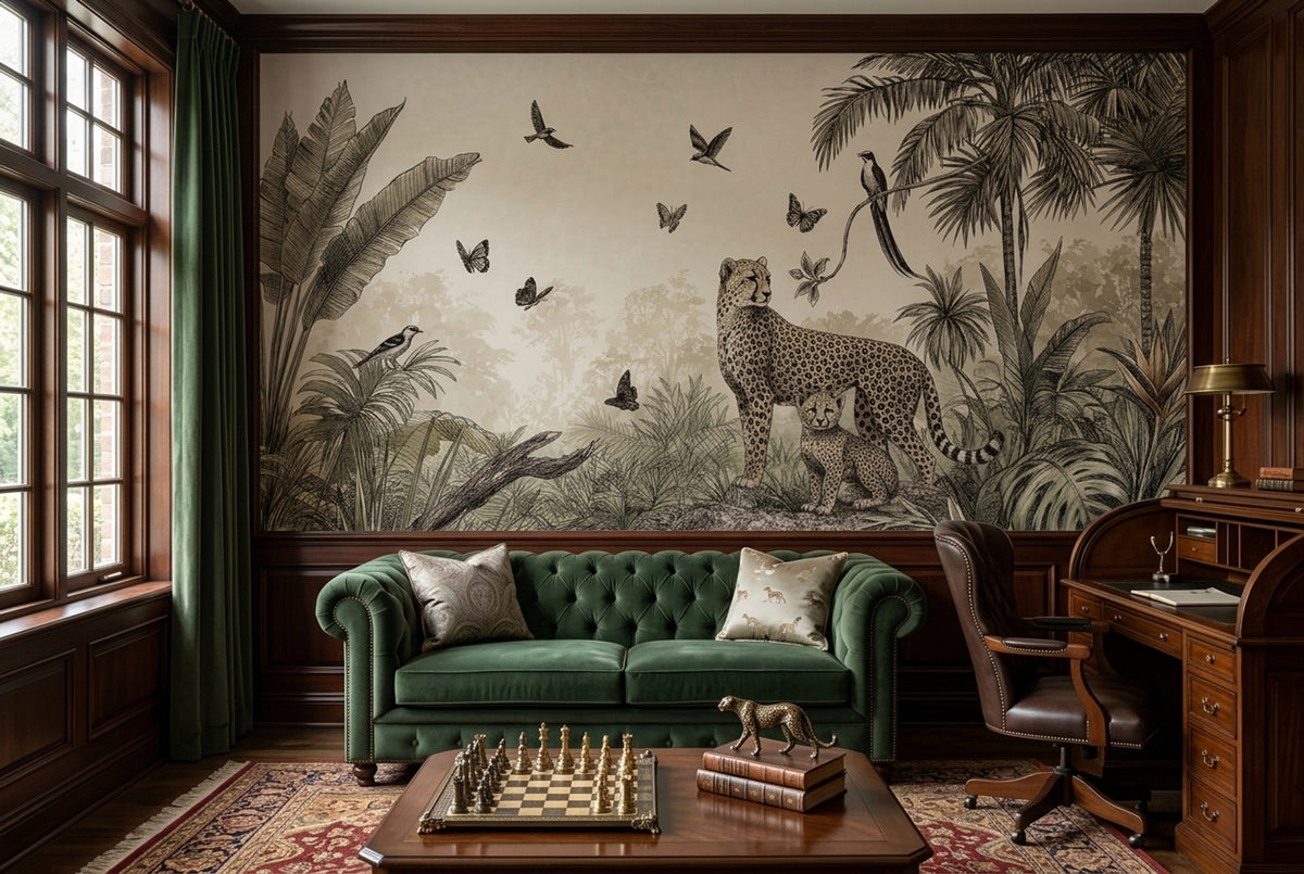 Cheetah And Cub Wallpaper Muted Green Jungle Wall Mural