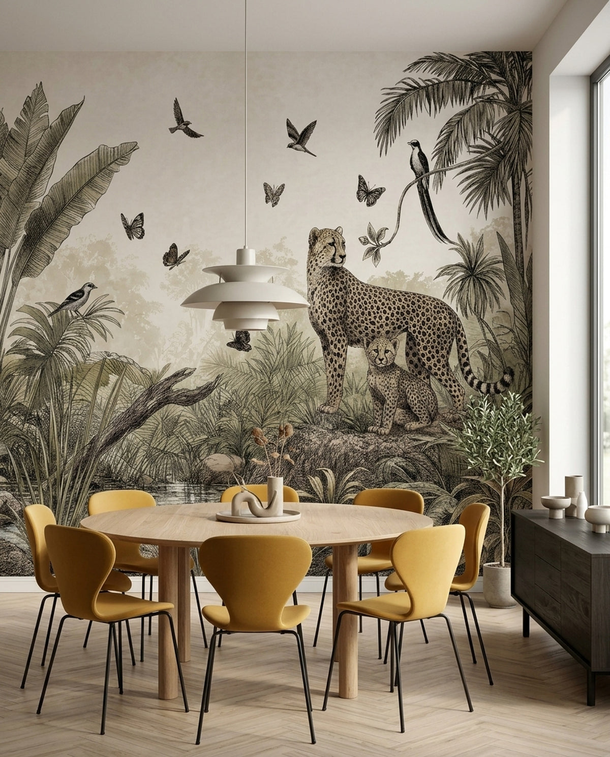 Cheetah And Cub Wallpaper Muted Green Jungle Wall Mural