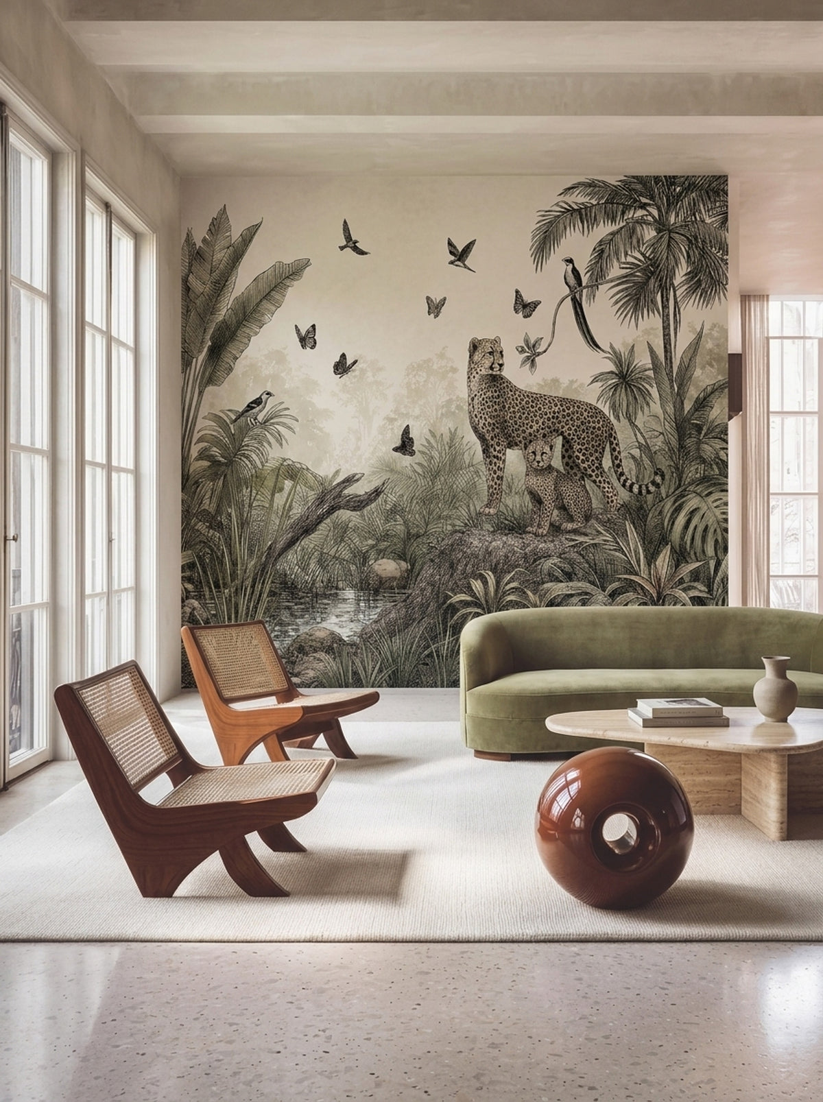 Cheetah And Cub Wallpaper Muted Green Jungle Wall Mural