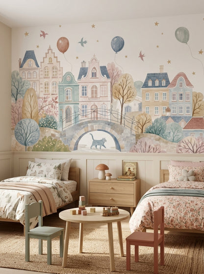 Watercolor Townscape Wallpaper Pastel European Village Wall Mural