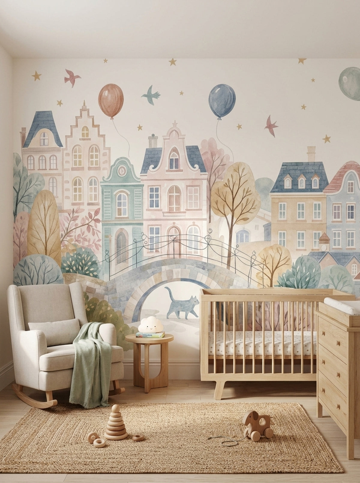 Watercolor Townscape Wallpaper Pastel European Village Wall Mural