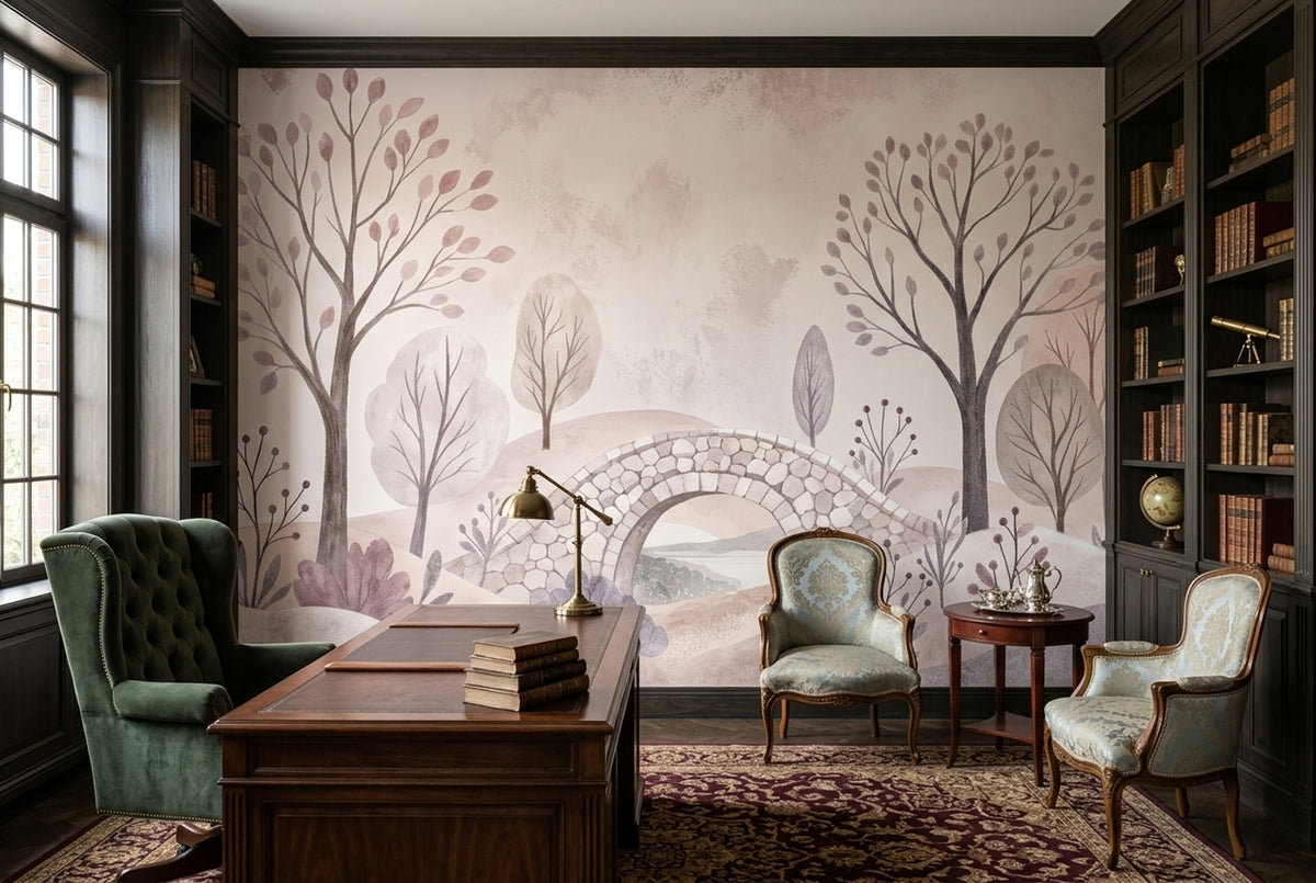 Botanical Landscape Wallpaper Stone Bridge Pastel Wall Mural