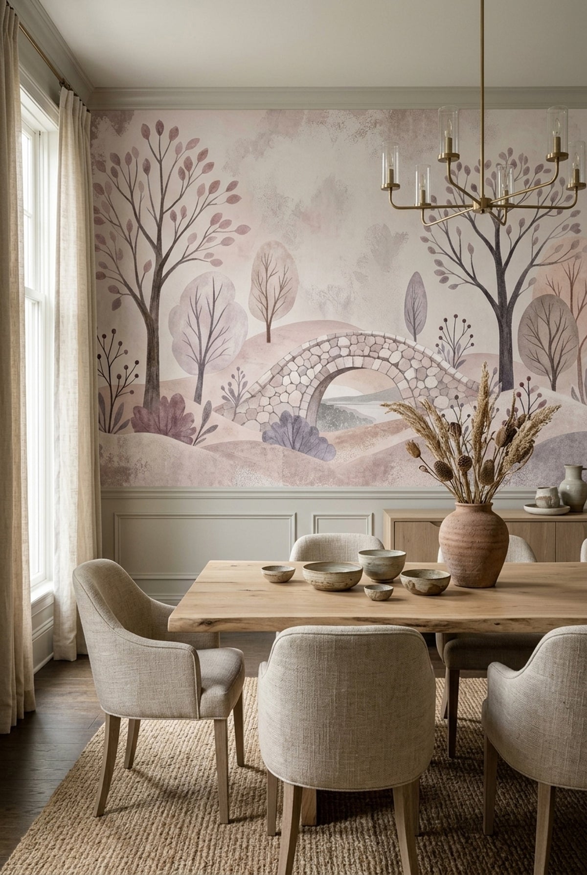Botanical Landscape Wallpaper Stone Bridge Pastel Wall Mural