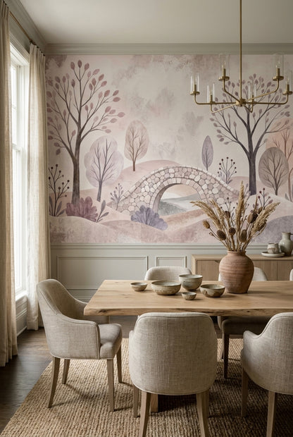 Botanical Landscape Wallpaper Stone Bridge Pastel Wall Mural