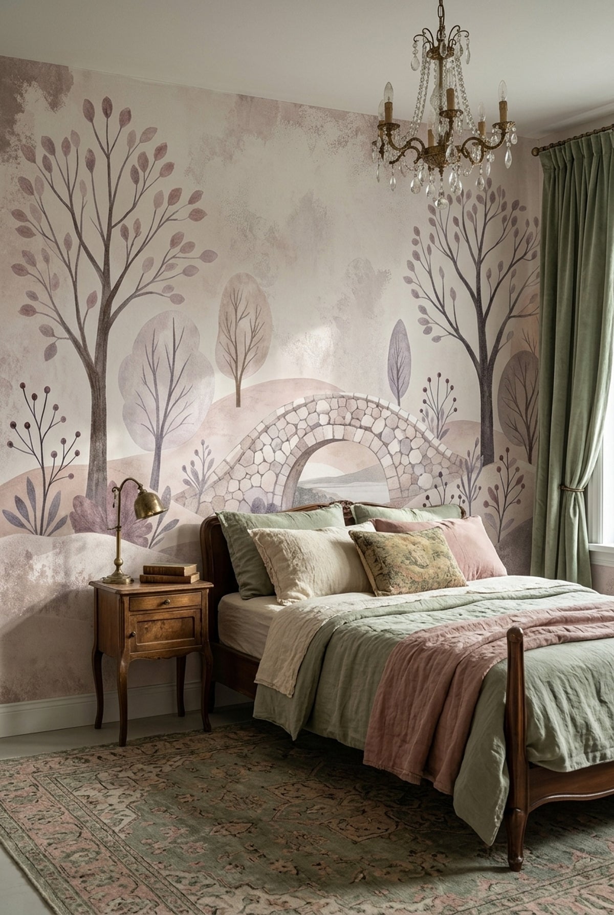 Botanical Landscape Wallpaper Stone Bridge Pastel Wall Mural
