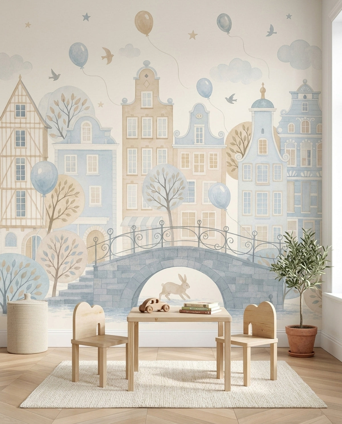 Watercolor Cityscape Wallpaper Pastel European Village Wall Mural