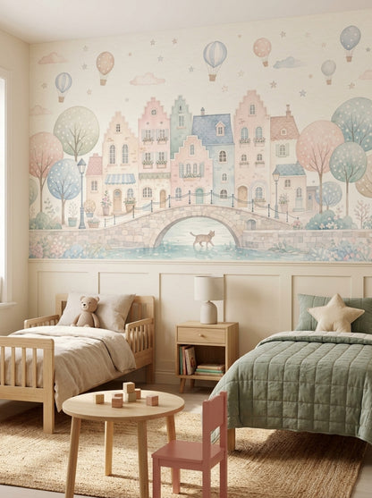 Watercolor Village Wallpaper Pastel Canal Town Wall Mural