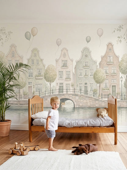 Watercolor Canal Cityscape Wallpaper Storybook Dutch Houses Wall Mural