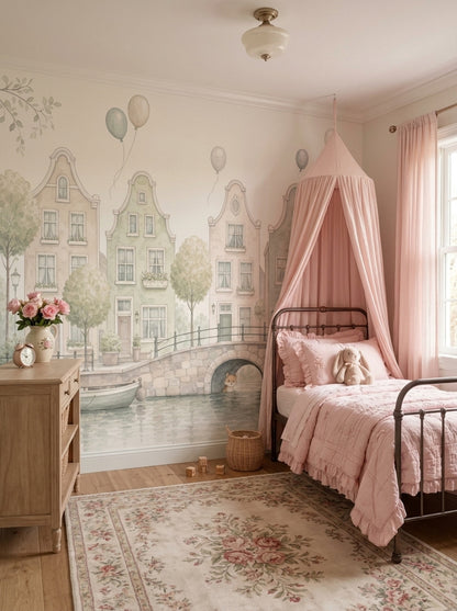Watercolor Canal Cityscape Wallpaper Storybook Dutch Houses Wall Mural