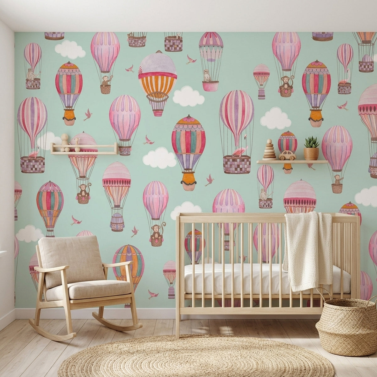 Hot Air Balloon Animals Wallpaper Watercolor Sky Wall Mural