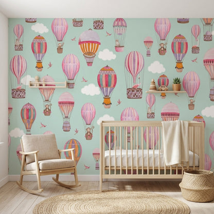 Hot Air Balloon Animals Wallpaper Watercolor Sky Wall Mural
