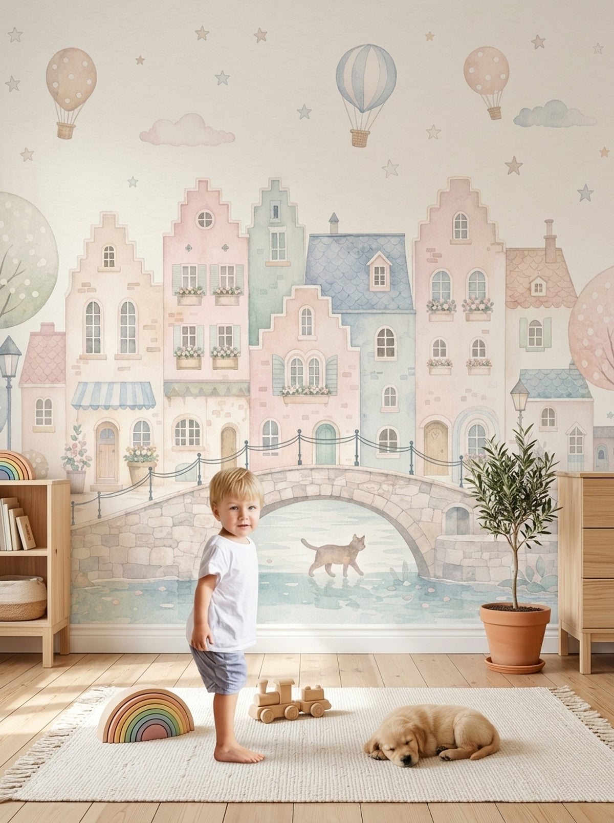 Watercolor Village Wallpaper Pastel Canal Town Wall Mural