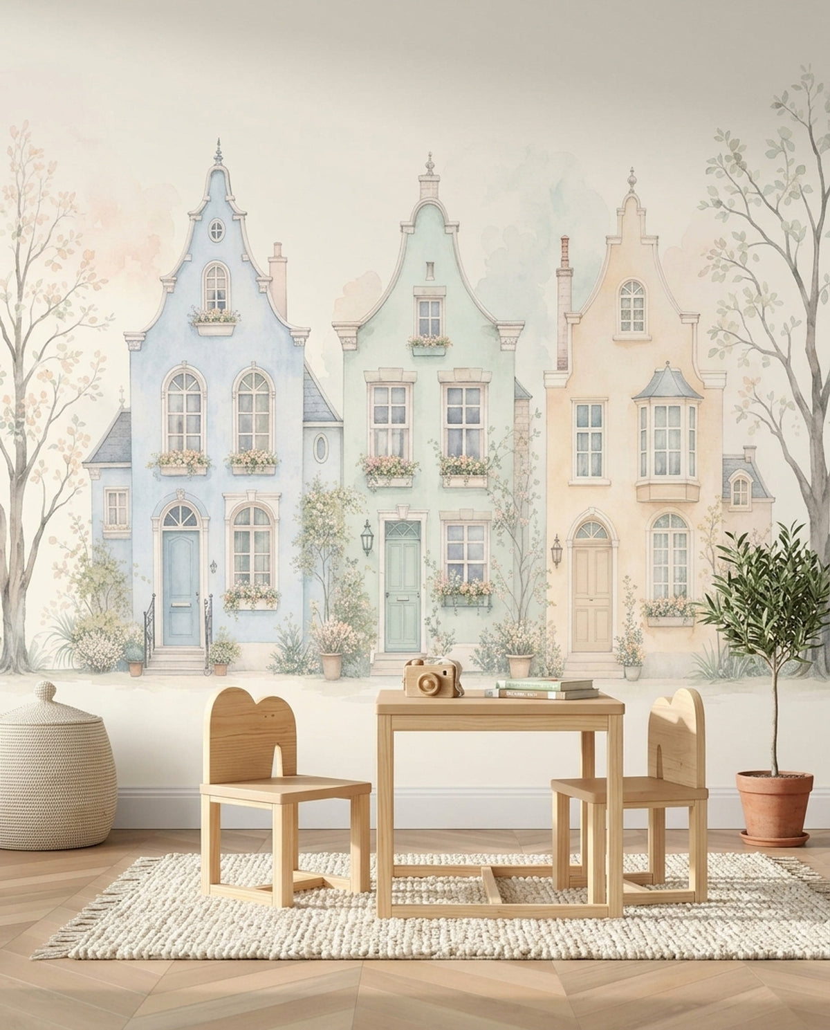 Watercolor European Townhouses Wallpaper Pastel Streetscape Wall Mural