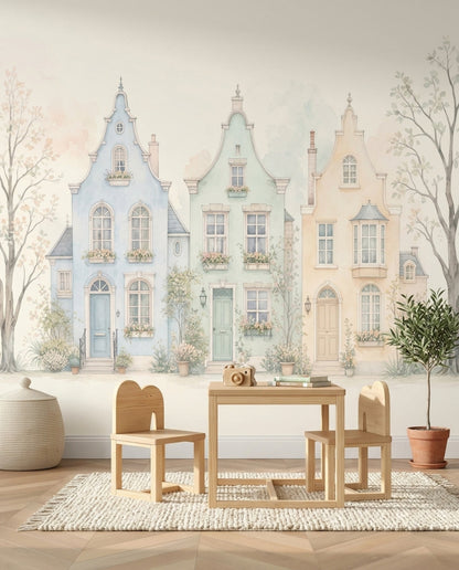 Watercolor European Townhouses Wallpaper Pastel Streetscape Wall Mural