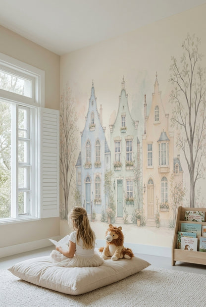 Watercolor European Townhouses Wallpaper Pastel Streetscape Wall Mural