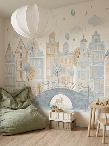 Watercolor Cityscape Wallpaper Pastel European Village Wall Mural