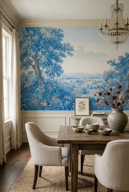 Blue Pastoral Landscape Wallpaper Vintage Toile Wall Mural