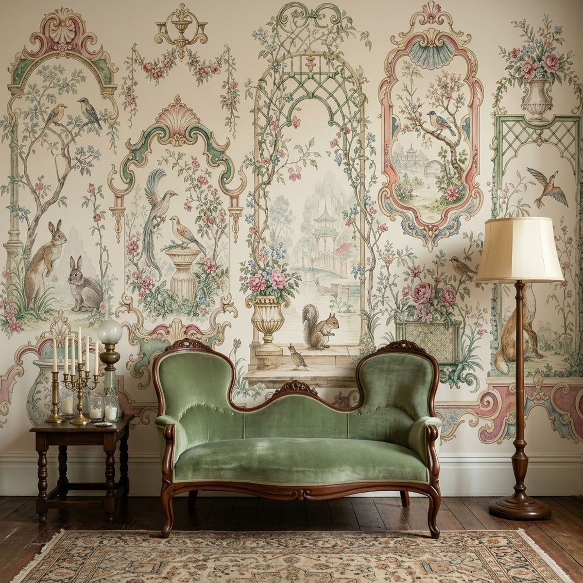 Chinoiserie Garden Scenes Wallpaper Ornate Frames Wall Mural
