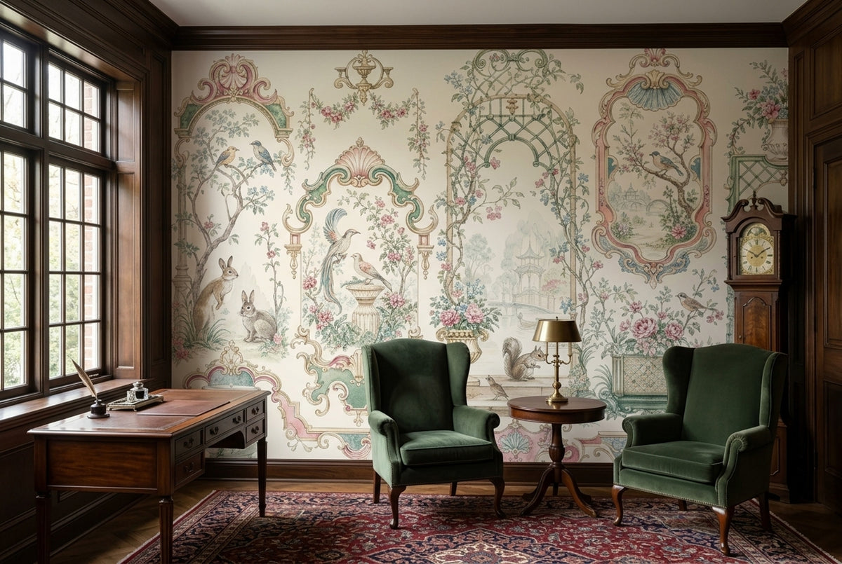 Chinoiserie Garden Scenes Wallpaper Ornate Frames Wall Mural