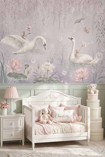 Watercolor Swans Wallpaper Pastel Pond Garden Wall Mural