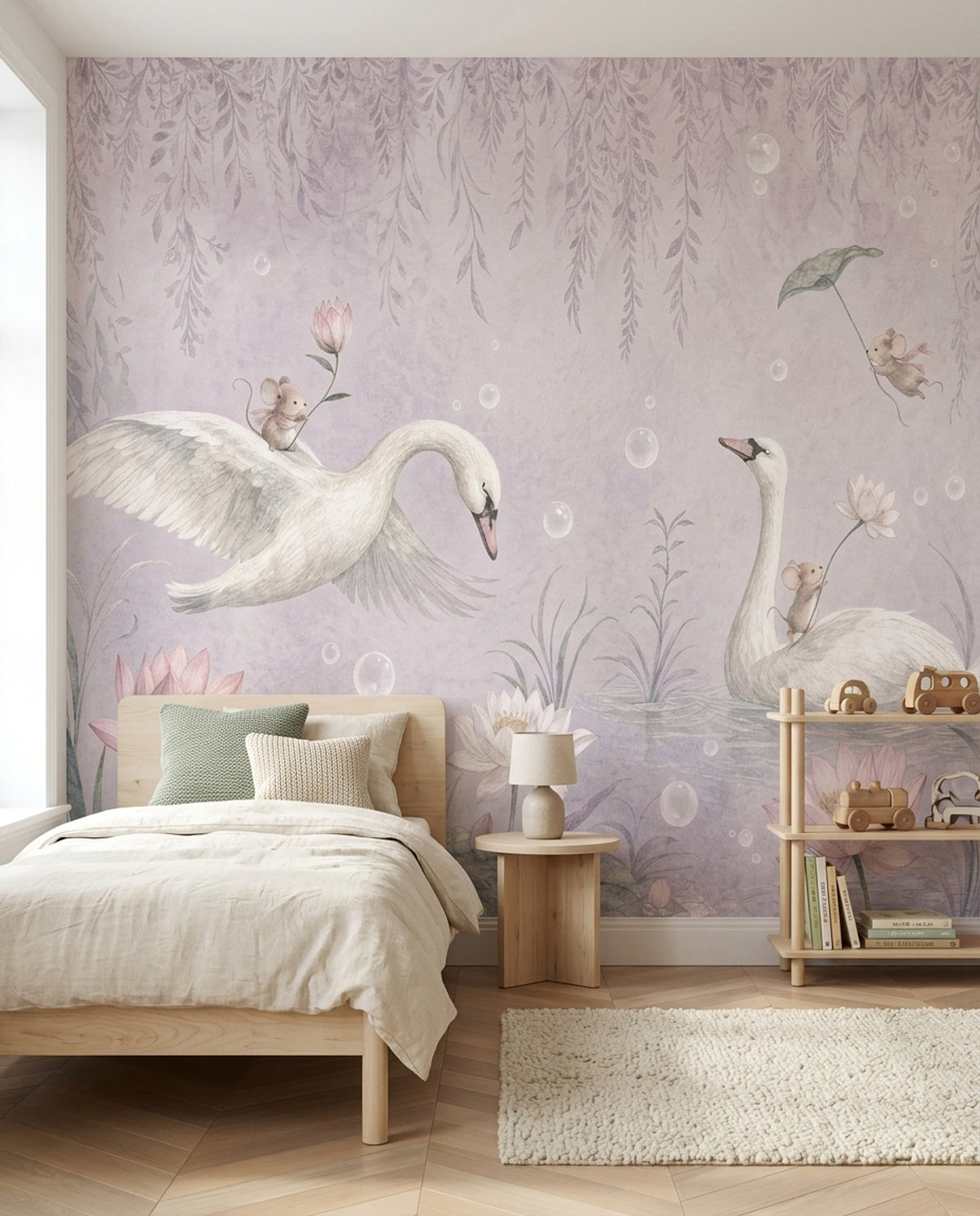 Watercolor Swans Wallpaper Pastel Pond Garden Wall Mural