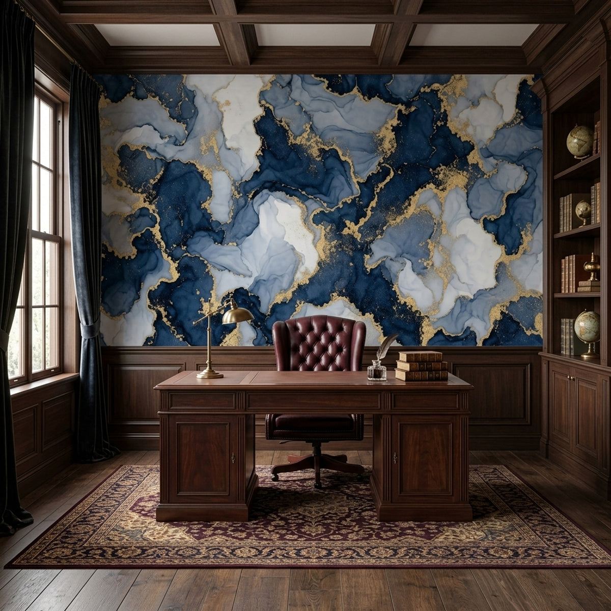 Navy And Gold Abstract Marble Wallpaper Luxury Fluid Wall Mural