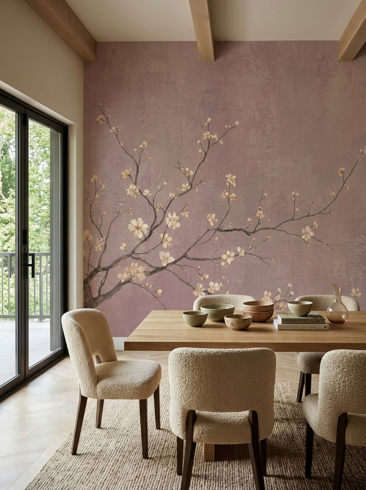 Cherry Blossom Branches Wallpaper Textured Pink Wall Mural