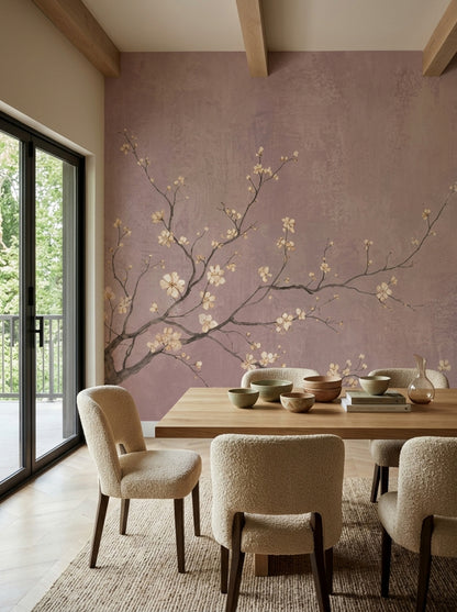 Cherry Blossom Branches Wallpaper Textured Pink Wall Mural