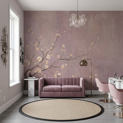 Cherry Blossom Branches Wallpaper Textured Pink Wall Mural