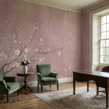 Cherry Blossom Branches Wallpaper Textured Pink Wall Mural