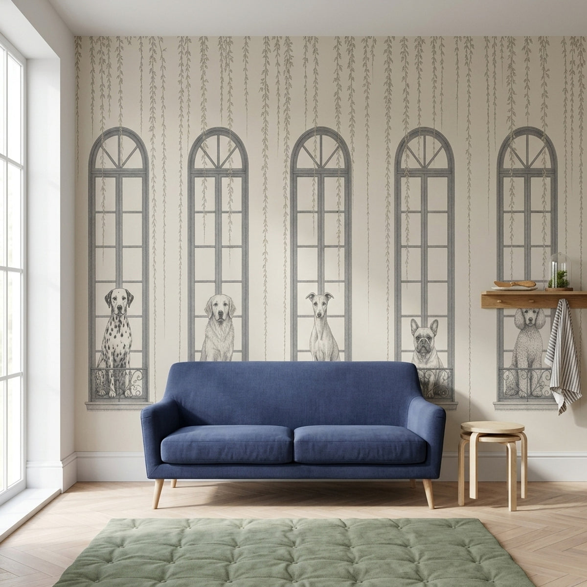 Dogs And Arched Windows Wallpaper French Balcony Wall Mural