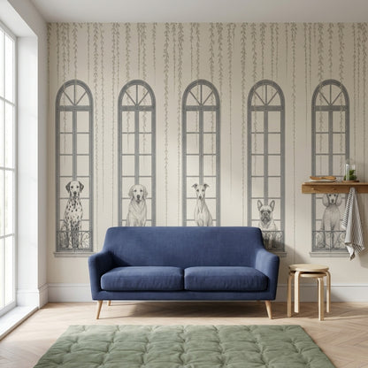 Dogs And Arched Windows Wallpaper French Balcony Wall Mural