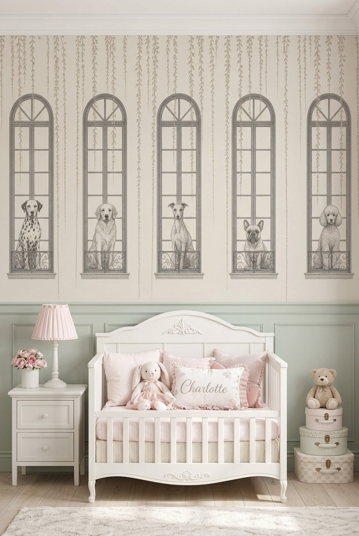 Dogs And Arched Windows Wallpaper French Balcony Wall Mural