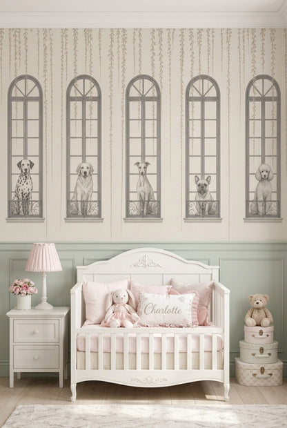Dogs And Arched Windows Wallpaper French Balcony Wall Mural