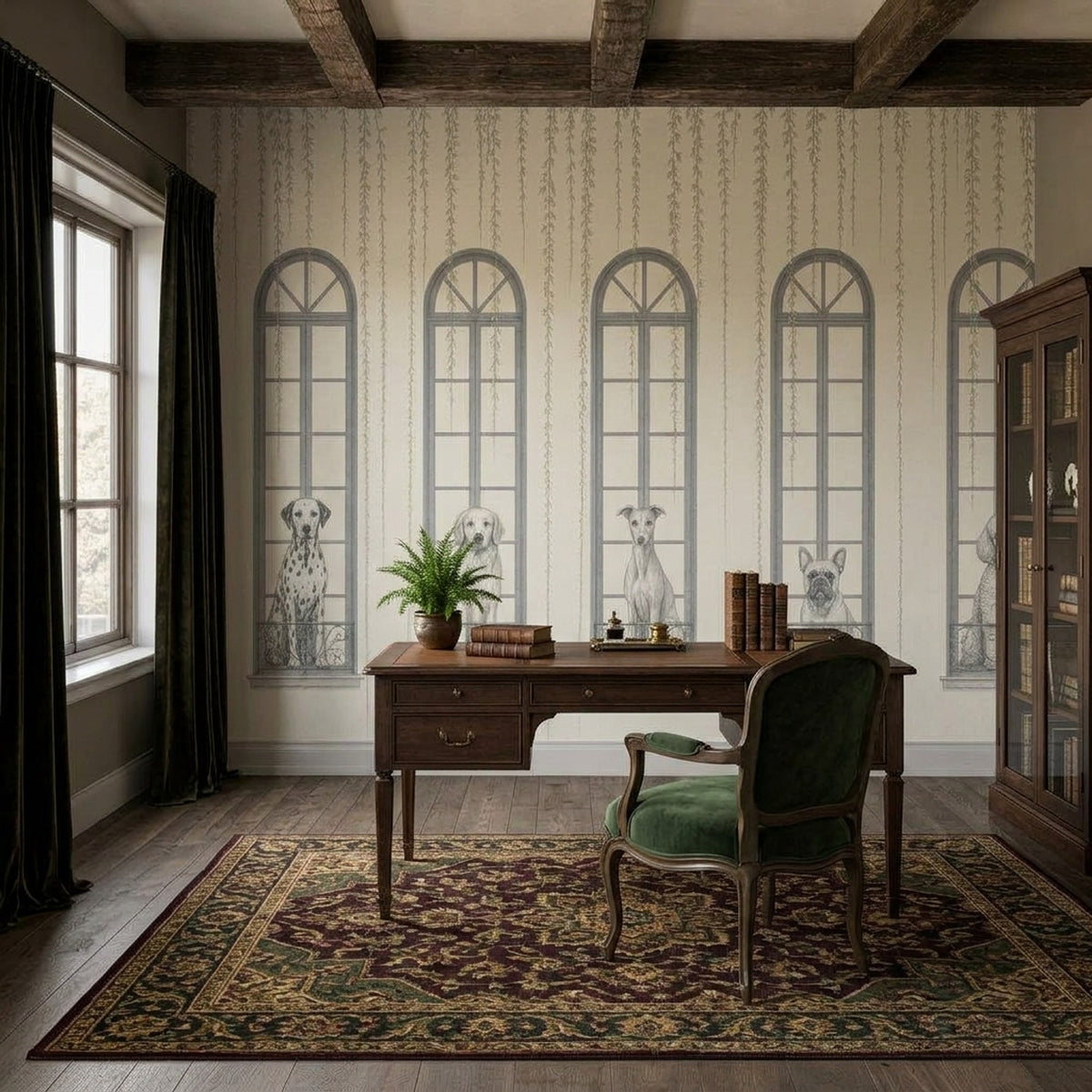 Dogs And Arched Windows Wallpaper French Balcony Wall Mural