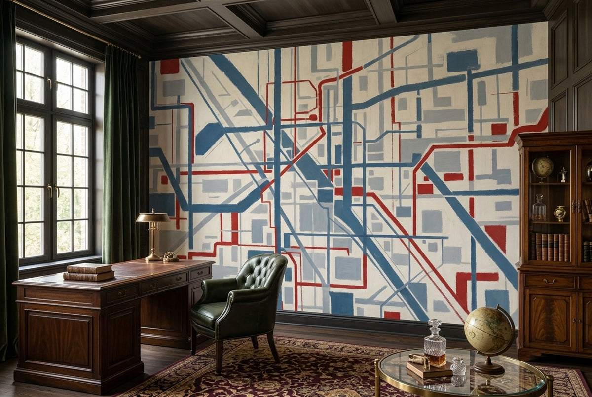 Abstract City Grid Wallpaper Blue Gray Lines Wall Mural