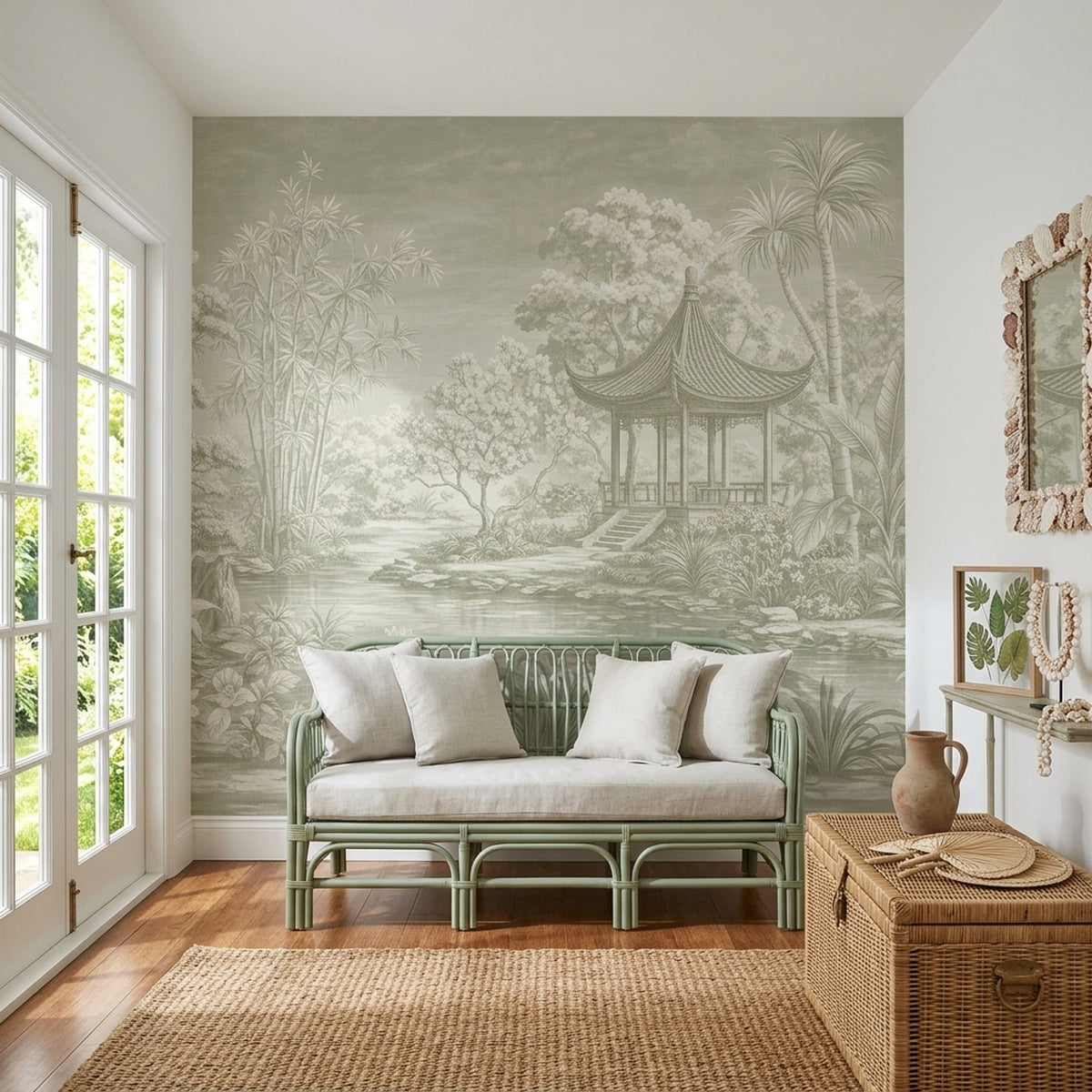 Chinoiserie Pagoda Garden Wallpaper Sage Green Landscape Wall Mural