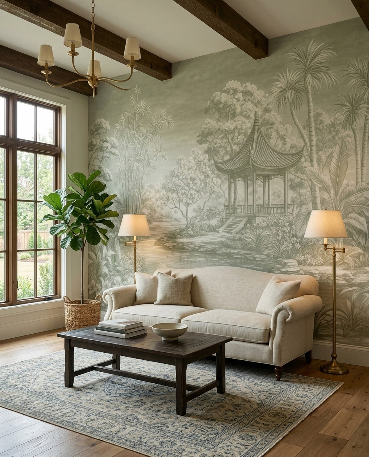Chinoiserie Pagoda Garden Wallpaper Sage Green Landscape Wall Mural
