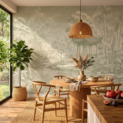 Chinoiserie Pagoda Garden Wallpaper Sage Green Landscape Wall Mural