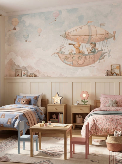 Whimsical Airship Animals Wallpaper Watercolor Storybook Wall Mural
